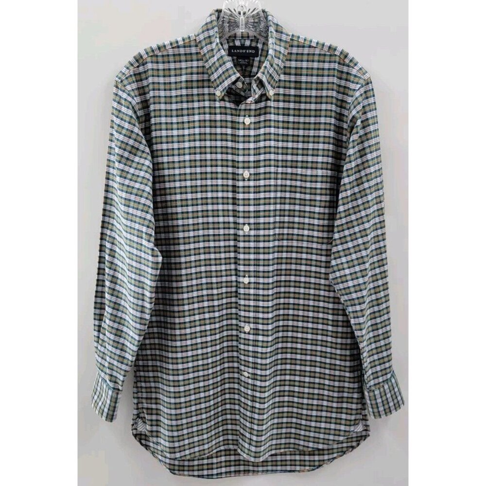 Lands End Men’s No Iron Pima Cotton Shirt 14 1/2 -32 Small Navy/Green‎ Checked.